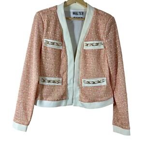 Walter Baker Pink Tweed Blazer Jacket Gold Chain Detail White Trim Cropped Lined